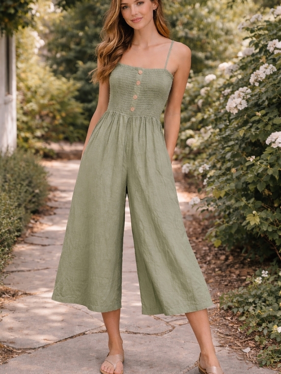 Love Tree Pants - LOVE TREE Sage Green Wide Leg Cropped Jumpsuit Smocked Linen Blend S Boho Summer